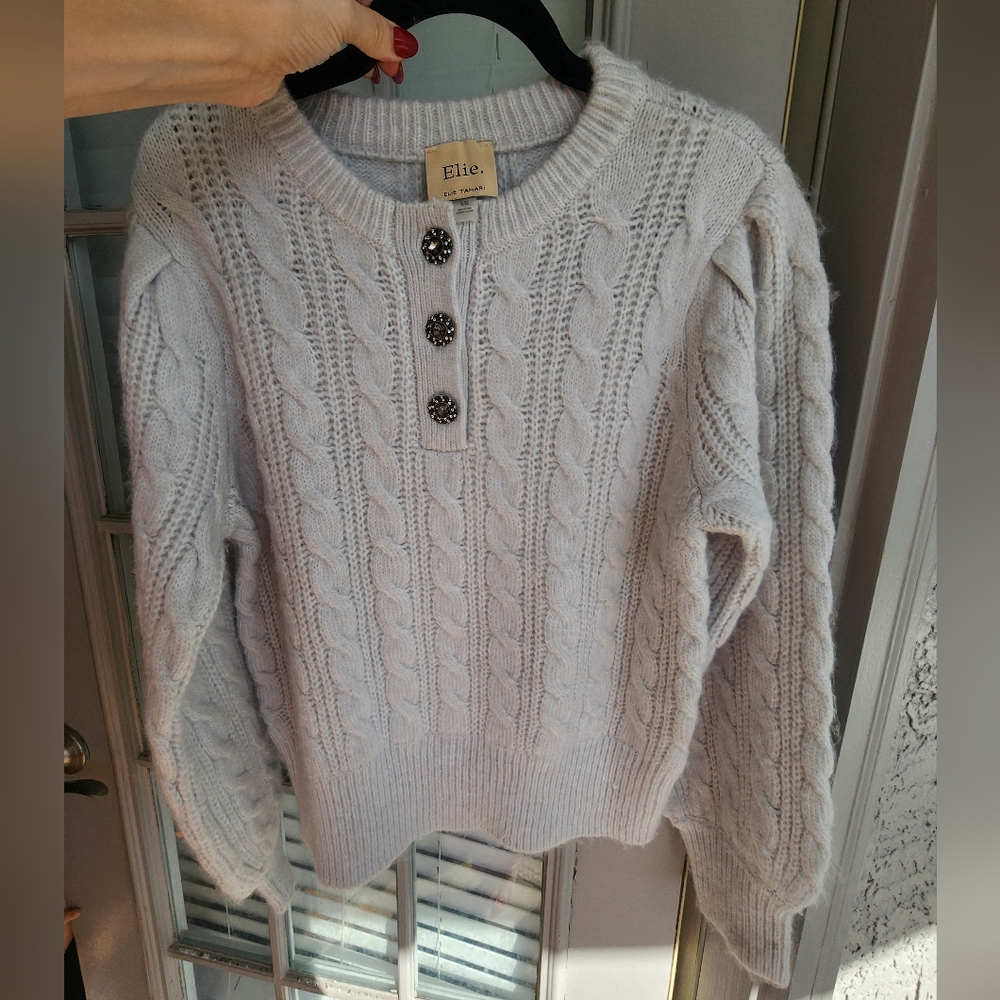 Elie Tahari Light Grey Cable Knit Pullover with Crystal Embellished Buttons